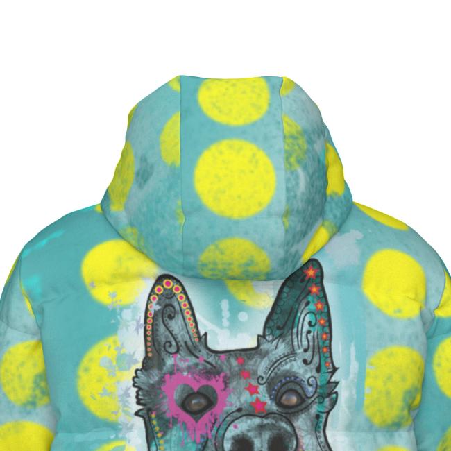 Warme Wintermantel mit Hundemotiv Eddy – Popart Hundemotiv, 90% Daunen, 10% Federn, bunt, stylisch, Schäferhund, Deutscher Schäferhund, German Shepherd, Mix, SOKA, Listenhund, Größe XS- 4XL - Kopie